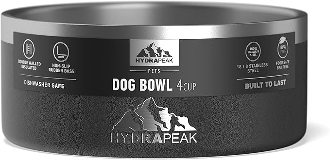 Hydrapeak Dog Bowl; Non Slip Stainless Steel; Water and Food Dish; Large Sized and Small Dogs; 32oz 64oz; Multiple Sizes; 4 Cup | Black