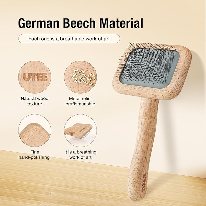 UTEE Slicker Brush for Small Dogs & Cats (Yorkies, Chihuahuas, Persian Cats) Gentle Grooming Tool with Stainless Steel Curved Pins & Ergonomic Beech Wood Handle — Ideal for Long or Thick Fur