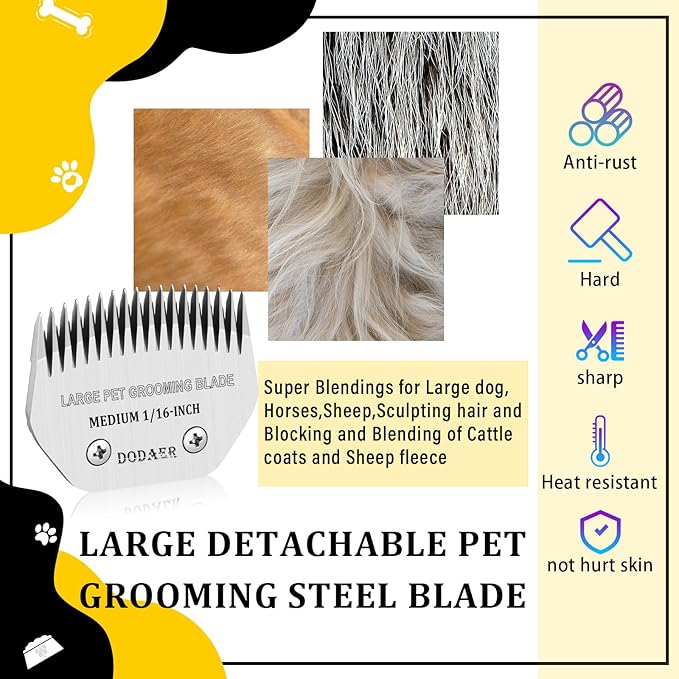 Detachable Pet Dog Grooming Clipper Steel Blade,Compatible with Andis Medium Blending,Oster A5,Wahl KM10 Series Clippers,Medium,1/16-Inch Cut Length for Large Dog,Horses,Sheep（64330）
