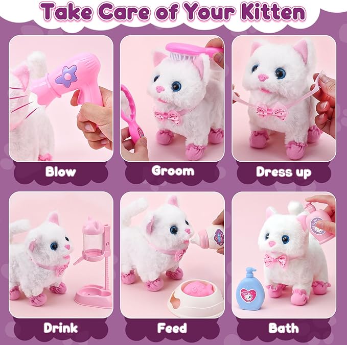 G.C Cat Toys for Kids Girls, Electronic Interactive Stuffed Cat Walk Meow and Wag Tail with Stroller Pet Care Accessories Toys Pretend Play Birthday Gifts for Toddlers Girls 3 4 5 6 7 8 Year Old