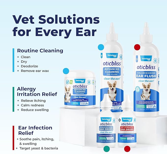 Vetnique Oticbliss Medicated Dog Ear Infection Treatment, Antiseptic Ear Cleaner for Cat & Dog Ear Cleaning Solution with Chlorhexidine & Ketoconazole (12oz Flush)