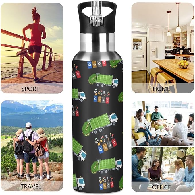 Garbage Truck Trash Recycling Water Bottle with Straw Lid Kids Insulated Stainless Steel Water Flask Sports, 20 Oz Hot Cold