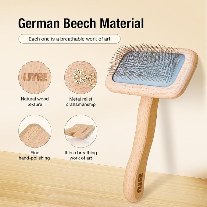 UTEE Slicker Brush for Medium Dog (Toy Poodles, Bichons & Cocker Spaniels) Gentle Grooming Tool with Stainless Steel Curved Pins & Ergonomic Beech Wood Handle — Ideal for Long or Thick Fur