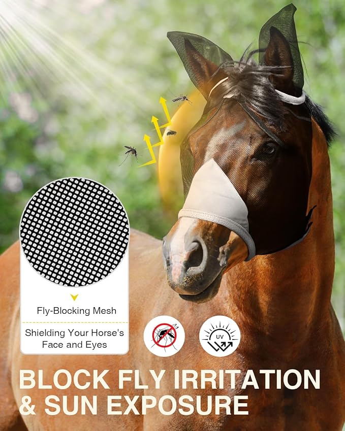 Hilltown Adjustable Fly Mask for Horse with Ears - UV-Block, Large Eye Space, Breathable, Built to Last, Comfort Fit - Horse Fly Mask for Daily Stable, Hot Weather Riding & Competition - Pony, Grey