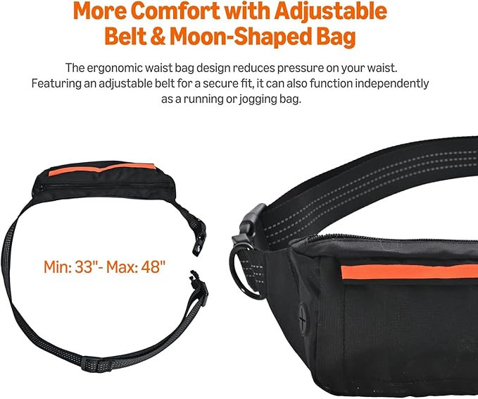 Amazon Basics Hands Free Dog Leash with Running Bag, Adjustable Waist Belt, Dual Padded Handles, Reflective Bungee Leash for Walking, Jogging, Hiking, Fits Small to Large Dogs (Up to 150 lbs)