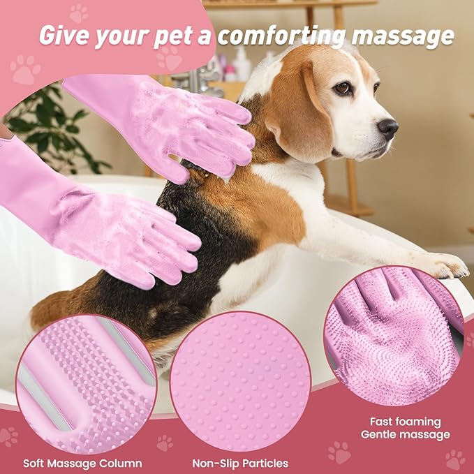 Pet Shower & Bath Supplies，Dog Shampoo Brush Set with Towel, Washing Gloves,Comb for Dogs and Cats (Pink)