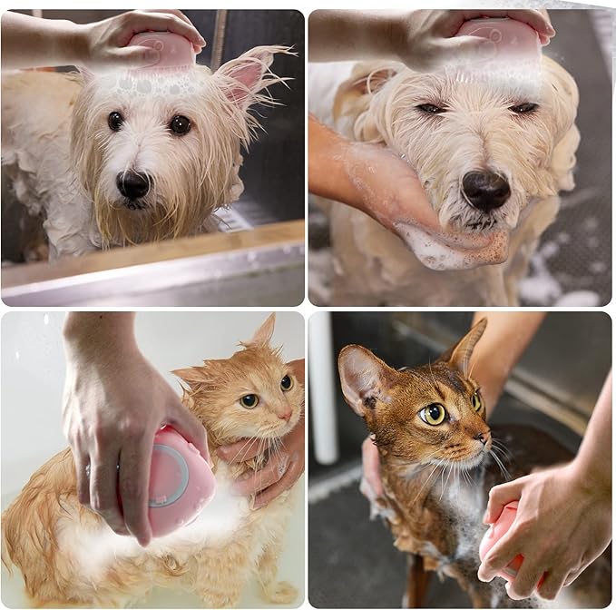 Pet Bath Brush Dog Bath Brush Shampoo Dispenser Soft Silicone Dog Bathing Brush Dog Shampoo Brush scrubbers for Cats and Dog Shower Brush Grooming (Pink)