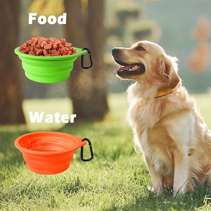 PetBonus 2-Pack Large Silicone Collapsible Dog Bowls, 34oz/1000ml BPA Free Portable Foldable Travel Bowl for Pet Cat, Food Water Feeding Dish for Camping with 2 Carabiners (Green, Orange)