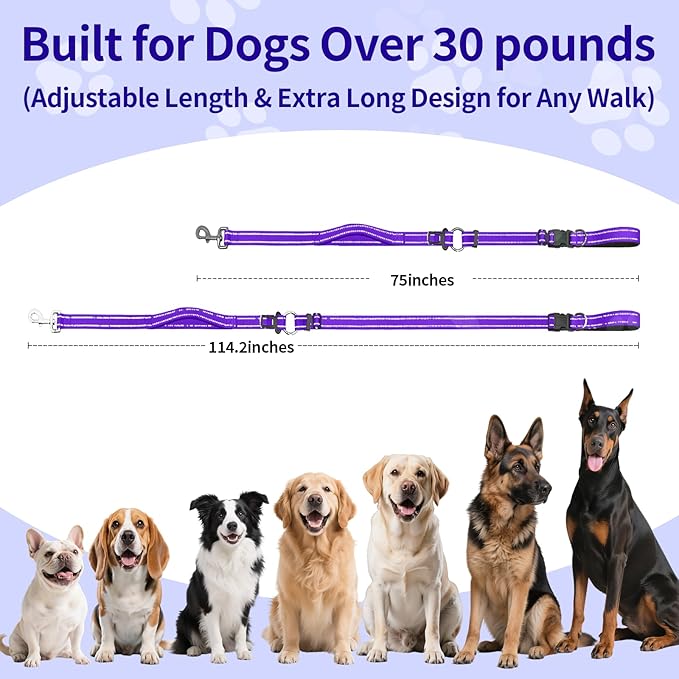 Hands-Free Dog Leash with Adjustable Length 6-9FT + Dual Padded Handles Reflective Safety for Walking, Jogging & Training | Suitable for Medium to Large Dogs & Puppies Purple-L