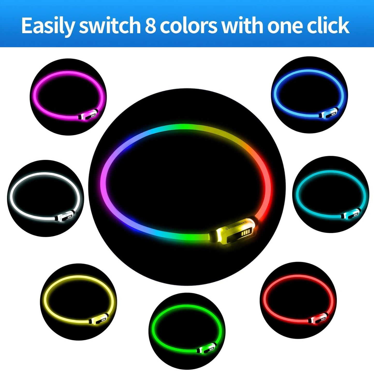 Multi-Color LED Dog Collar Rechargeable - Adjustable Glowing Collar for Most Dogs, Waterproof Reflective & Long-Lasting 200mAh Battery by Chengnuobo