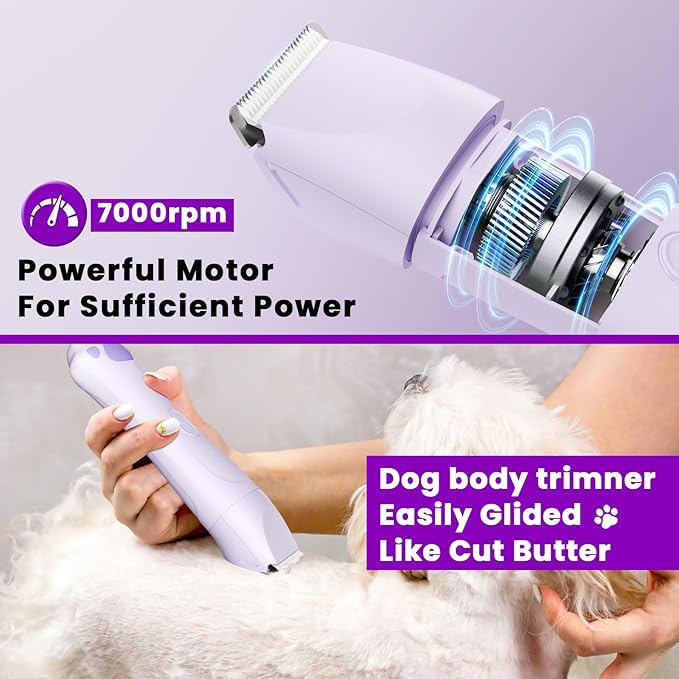 Dog Clipper 4-in-1 Grooming Kit – Includes Comb, Paw Trimmer, Nail Grinder, Rechargeable & Wireless Design, Low Noise, IPX7 Waterproof, Pet-Friendly Clipper (Purple)