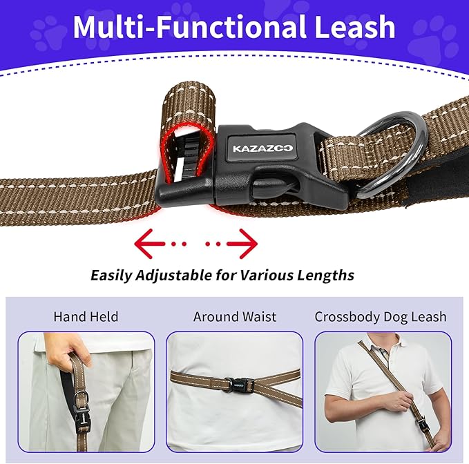 Hands-Free Dog Leash with Adjustable Length 6-9FT + Dual Padded Handles Reflective Safety for Walking, Jogging & Training| Suitable for Medium to Large Dogs & Puppies Brown-L