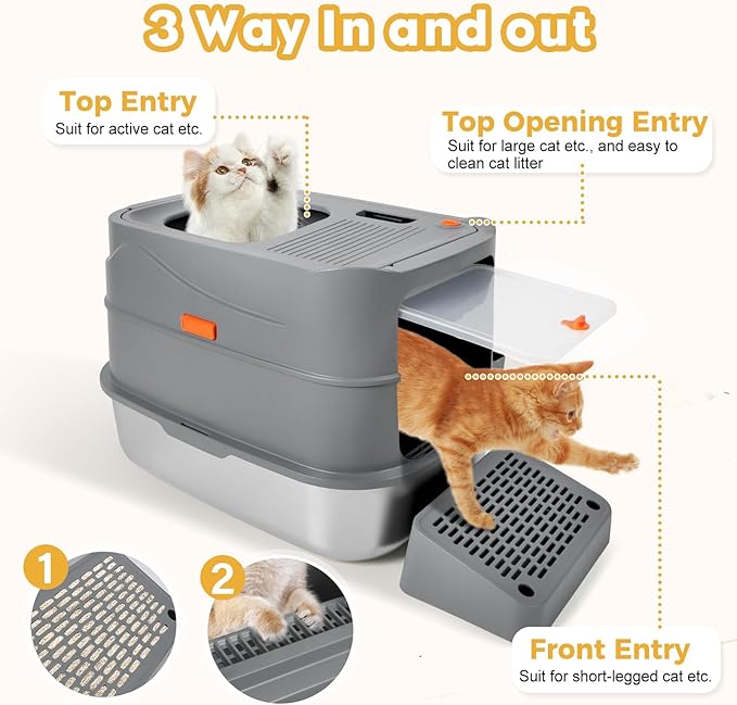 Stainless Steel Litter Box with 180° Flip-Top Lid, XXL 23.6”x 15.7”x 15.7” Enclosed Removable Metal Litter Cat Box with Filter Pedal, Scoop, Anti-Leakage, Non-Sticky, Easy Cleaning (Dark Gray)