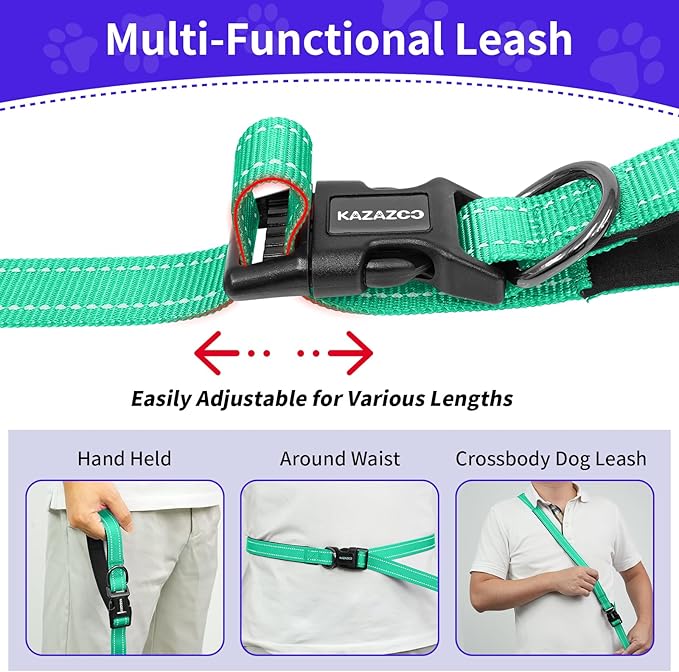 Hands-Free Dog Leash with Adjustable Length 6-9FT + Dual Padded Handles Reflective Safety for Walking, Jogging & Training | Suitable for Medium to Large Dogs & Puppies Green-L