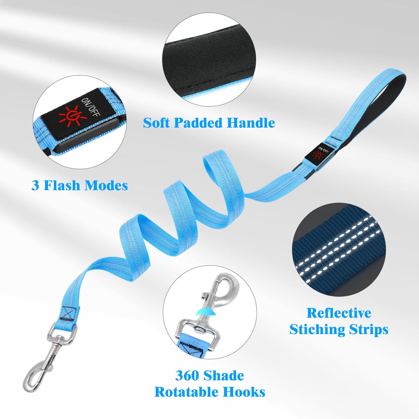 Light Up Dog Leash, 5 Ft LED Dog Lead Rechargeable Glowing Pet Leash with Soft Padded Handle, Safety Dog Lights for Night Walking (Blue)