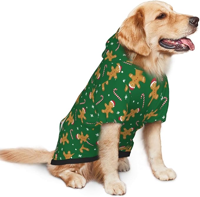 Green Christmas Gingerbread Men Candies Hoodie,Christmas Cosplay Dog Clothes with Pocket and Hat Winter Clothes Sweaters X-Large