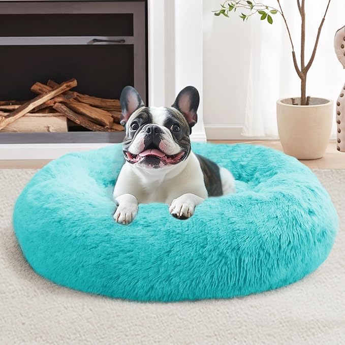 JOLLYVOGUE Calming Dog & Cat Bed for Large Dogs, Anti-Anxiety Donut Cuddler Cozy Soft Round Bed with Anti-Slip Bottom, Fluffy Faux Fur Plush Cushion Beds for Medium Dogs (36")