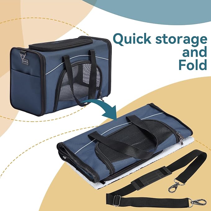 ‌Petsfit Airline Approved Pet Carrier for Small Dogs & Cats, 19x9x12 TSA Approved Carrier, with Removable Dual-Sided Padding (2-Way Placement) - Fits Under Most Airplane Seats, Escape Proof (Navy)