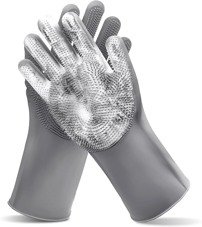 Pet Grooming Gloves—Heat Resistant Dog Washing Gloves with High-Density Teeth, Dog Bath Scrubber with Enhanced Five Finger Design, Silicone Gloves for Dogs and Cats Bathing, Massage (Gray)