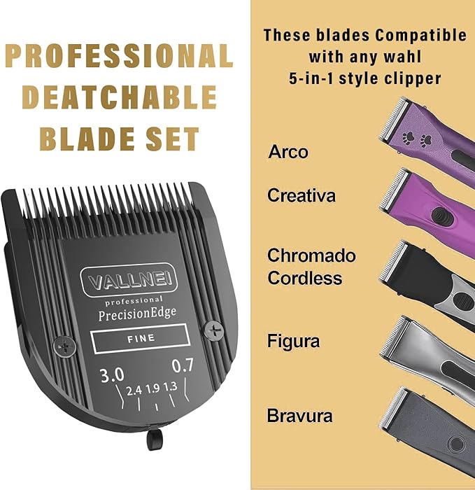 Detachable Adjustable Pet Dog Grooming Clipper 5-in-1 Blade Compatible with WAHL Professional Animal Blade Arco, Bravura, Chromado, Creativa, Figura, and Motion Pet, Dog, and Horse Clippers Black