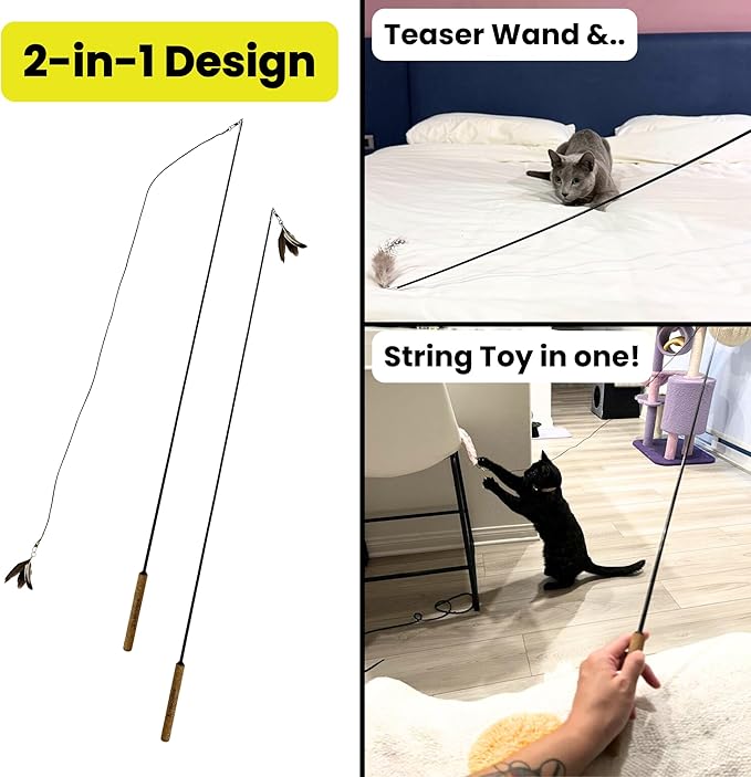 Forever Stick Ribbons - The Unbreakable Cat Toy Wand & Ribbon Attachments (3 Pc), Extra Long Durable Interactive Cat Toy for Indoor Cats, Feather Kitten Toys for Bored Indoor Adult Cats