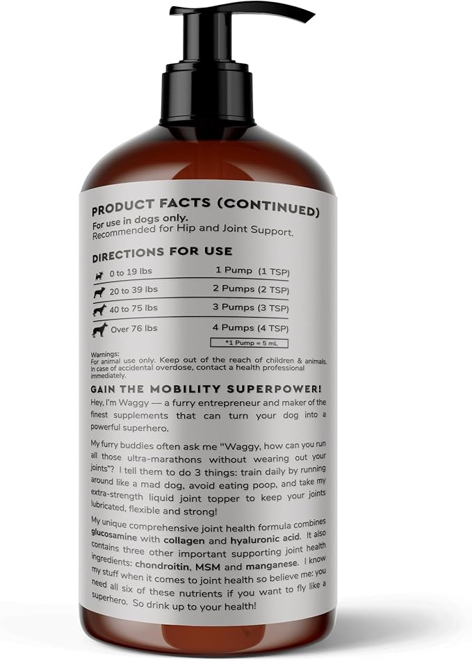 Premium Liquid Glucosamine for Dogs Strength Joint Support, Flexibility, Cartilage & Mobility - Hip and Joint Supplement with Chondroitin, MSM, Collagen & Hyaluronic Acid (16 Oz)
