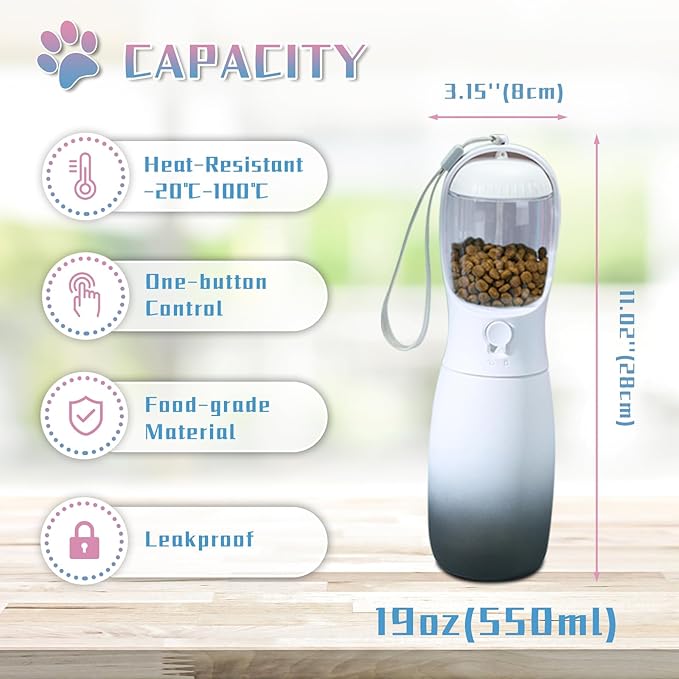 Portable Dog Water Bottles, 2-in-1 Food Grade Pet Water Bottle with Food Container, Large Capacity Dog Water Dispenser, Outdoor Dog Accessories for Camping, Dog Gifts (19Oz, Black&White)