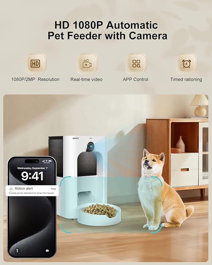 SANSCO Automatic Cat Feeder with Camera: Automatic Dog Feeder, 2MP Video Recording Timed 2.4 & 5GHz WiFi App Control Pet Feeder Dispenser for Cat Dog, Rotates Up and Down, 4L