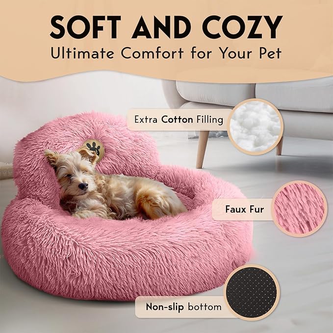 PetJett Calming Dog Bed for Small Dogs – 23" Donut Dog Beds, Anti-Slip & Washable Fluffy Plush Faux Fur Pet Bed, Anti-Anxiety Premium Comfort Round Puppy Bed, Fits Dogs up to 25 lbs – Pink