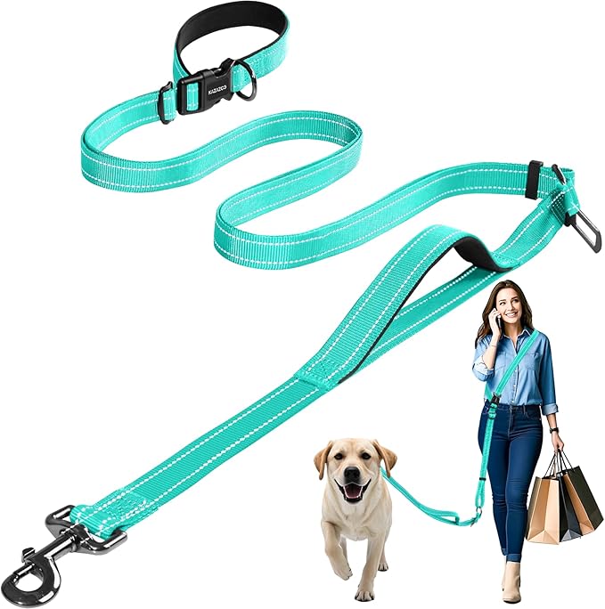 Hands-Free Dog Leash with Adjustable Length 6-9FT + Dual Padded Handles Reflective Safety for Walking, Jogging & Training | Suitable for Medium to Large Dogs & Puppies Green-L