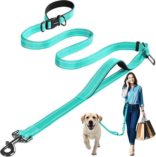 Hands-Free Dog Leash with Adjustable Length 6-9FT + Dual Padded Handles Reflective Safety for Walking, Jogging & Training | Suitable for Medium to Large Dogs & Puppies Green-L