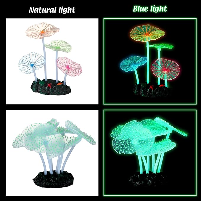 Frienda 8 Pieces Glowing Fish Tank Decorations Plants with 2 Style Glowing Kelp, Sea Anemone, Simulation Coral, Jellyfish, Lotus Leaf, Mushroom for Aquarium Fish Tank Ornament (Blue, Pink)