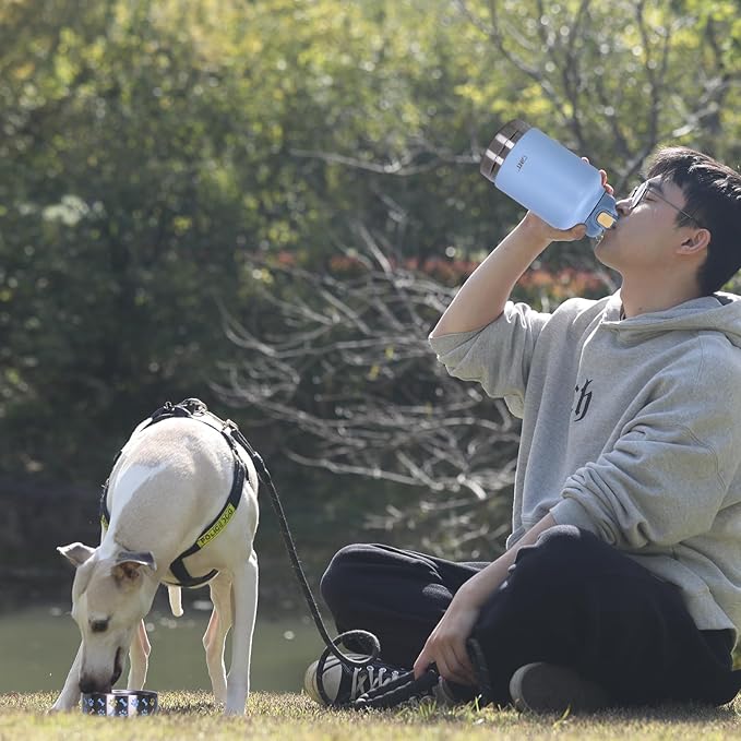 GiNT 37oz Insulated Stainless Steel Dog & Human Water Bottle, All-in-1 Travel Dispenser with Detachable Bowls & Carrying Case, Leak-Proof Pet Canteen for Walking, Hiking, Camping, Car (Blue)