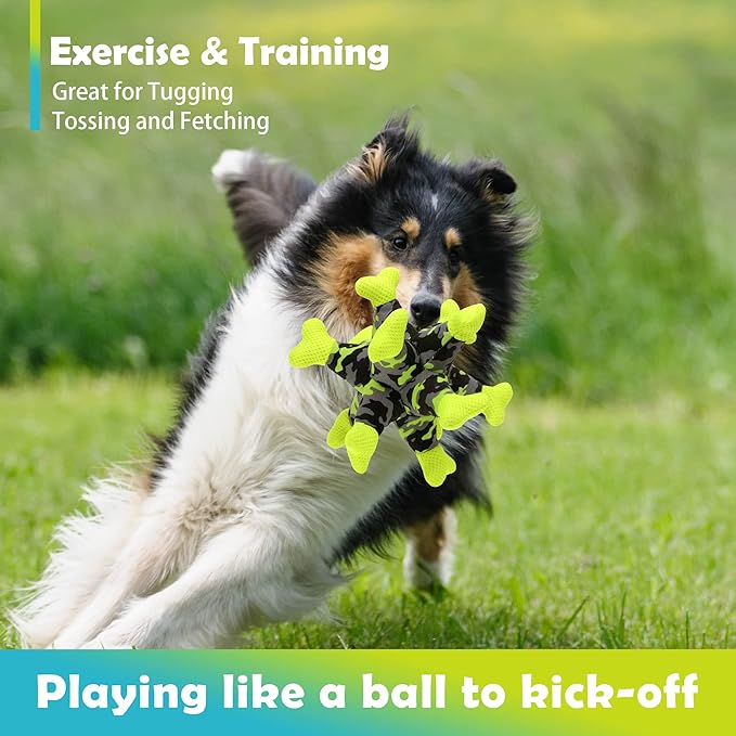 Dog Chew Squeaky Toys, Dog Teeth Cleaning Toy, Tug of War, Stuffed Jack Bone Toy with Squeakers, Interactive Toy for Small Medium Large Dogs,Green