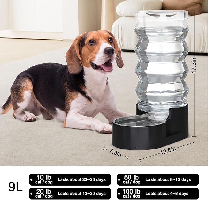 Sfozstra Automatic Pet Water Dispenser: 9L Black Lagre Dogs Stainless Steel Gravity Feeder - Convenient Drinking Water Dispenser Designed for Dogs and Cats