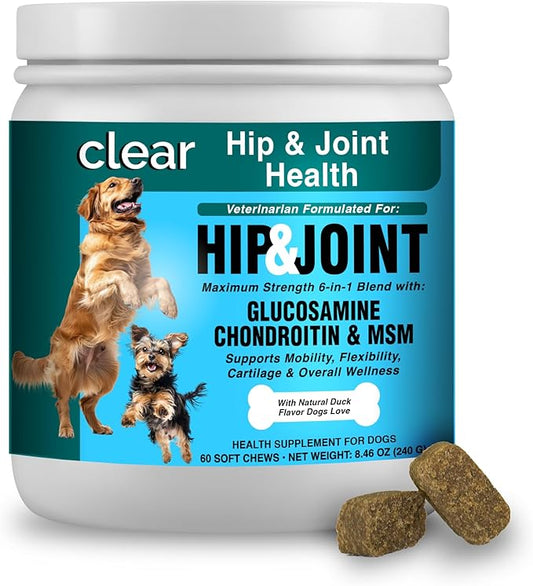 Glucosamine for Dogs Hip and Joint Supplement - Chondroitin, MSM, Green-Lipped Mussel - Clear Hip & Joint - Advanced Mobility Cartilage Support, Bone Health - Tasty Chews 60ct - Made in USA
