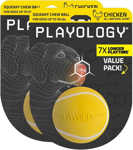 Playology Squeaky Dog Toy | Durable Rubber Interactive Dog Ball | Chicken Scented Fetch Ball for Medium Dogs, Value 2-Pack | Floating Dog Toy Made from Non Toxic Materials