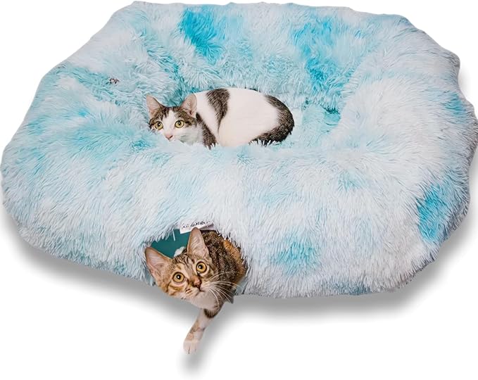 XxingSheep XL Cat Tunnel with Bed for Indoor Cats Peekaboo Cat Cave Donut Toy with Warm Mat,Azure Blue