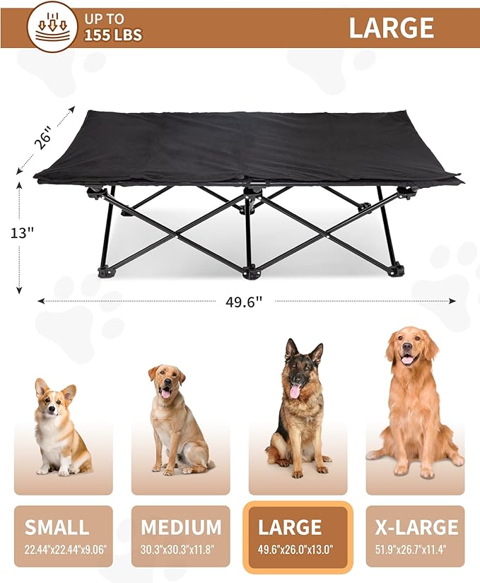 KingCamp Elevated Dog Bed for Large Dogs, Outdoor Raised Cooling Pet Cot Bed with Washable Breathable Mesh & No-Slip Feet Perfect for Camping, Backyard, Indoor Use (L, Black)