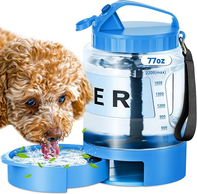 Large Dog Water Bottle Portable Bowl - 77oz Dog Travel Water Dispenser with Pull Out Bowl, Ideal for Hiking, Camping, Dog Parks, Leak-Proof BPA-Free Outdoor Pet Bottle for Large Dogs, Blue