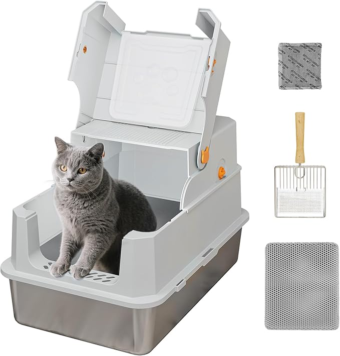TENTIZON Stainless Steel Cat Litter Box with Lid, XL Large Covered Litter Box with Litter Mat, Metal Scoop, Enclosed Metal Litterbox for Kitten, Big Cats Up to 24lbs, 23.1" L x 14.8" W x 15.2" H