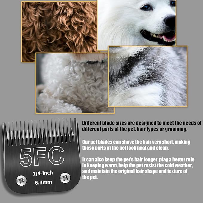 3 Pack 5FC Detachable Dog Grooming Steel Blades,Compatible with Andis,Oster A5,Wahl KM-10 Series,Cut Length 1/4" 6.3MM （Black）