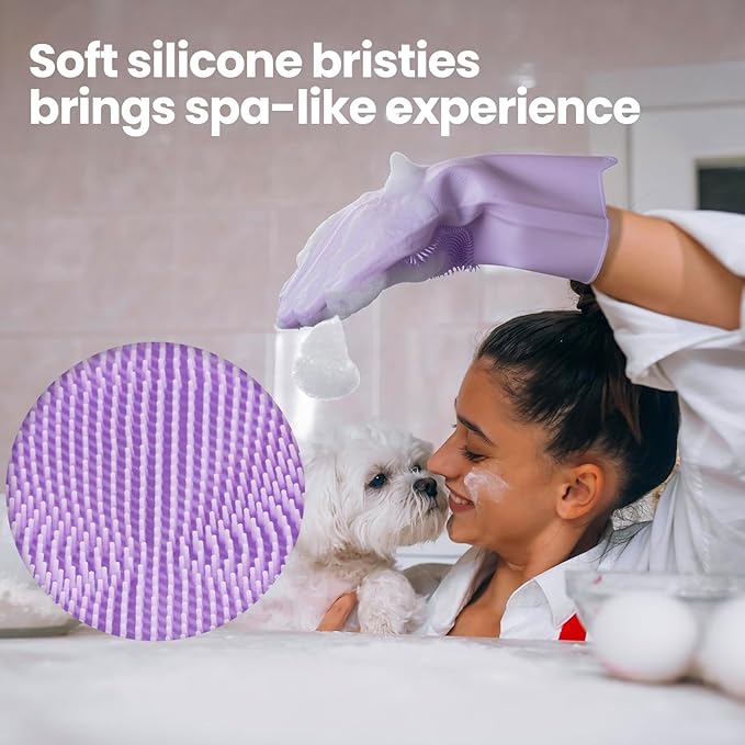 DELOMO Dog Washing Gloves 1 Pair: Soft and Gentle Silicone Pet Grooming Gloves - Bathing Scrubber Brush Mitt Grooming Shedding Fur Removal Massage for Dogs/Cats/Horse, Purple