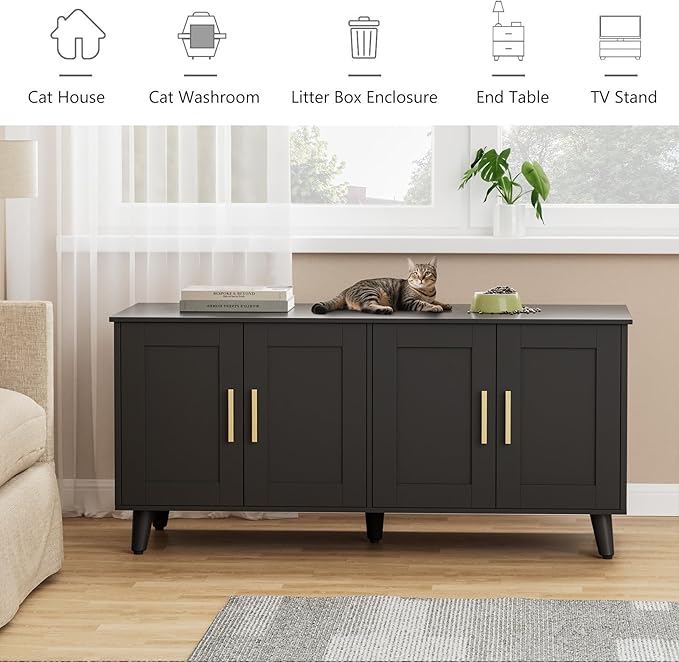 Homhedy Cat Litter Box Enclosure for 2 Cats, Wooden Cat Washroom Furniture with Double Doors, Stylish Pet House to Hide Litter Box, Save Space, Black