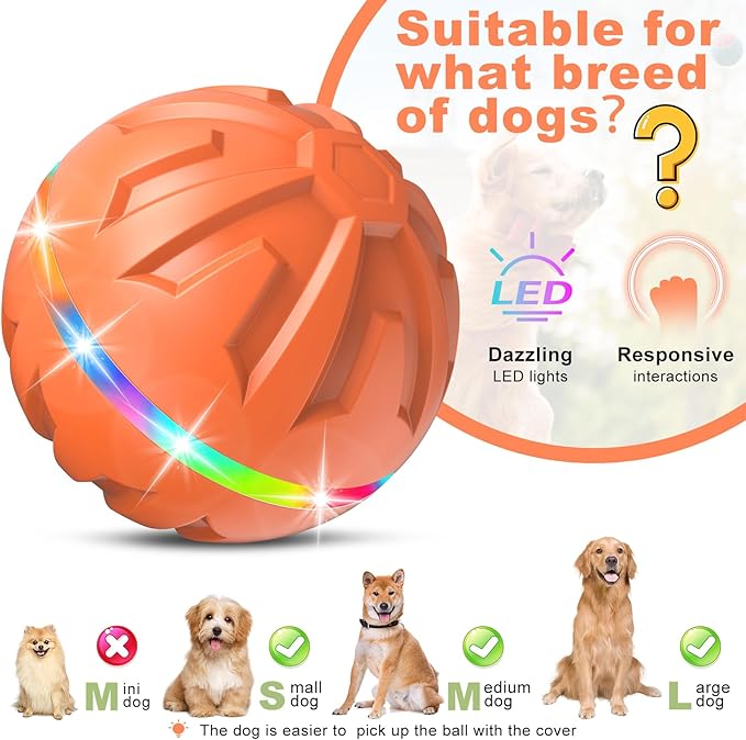 Dog Toys Dog Ball, Durable Motion Active Rolling Balls with Remote Control LED Light, Rubber Peppy Pet Balls for Medium Large Dogs, USB Rechargeable, 3.2-in Diameter (Orange)