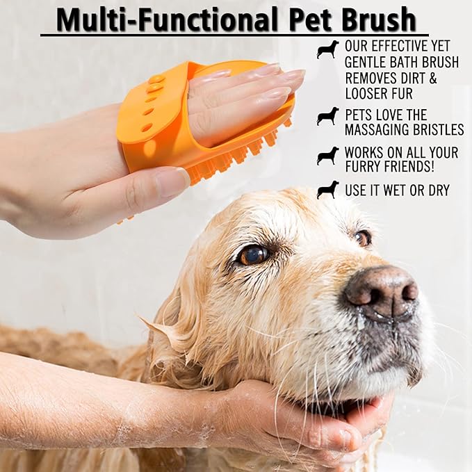 Dog Grooming Brush, Pet Shampoo Bath Brush Shedding Soothing Massage Rubber Comb with Adjustable Ring Handle for Long Short Haired Dogs and Cats 2pcs