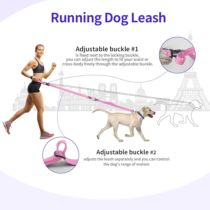 Hands-Free Dog Leash with Adjustable Length 6-9FT + Dual Padded Handles Reflective Safety for Walking, Jogging & Training | Suitable for Medium to Large Dogs & Puppies Pink-L