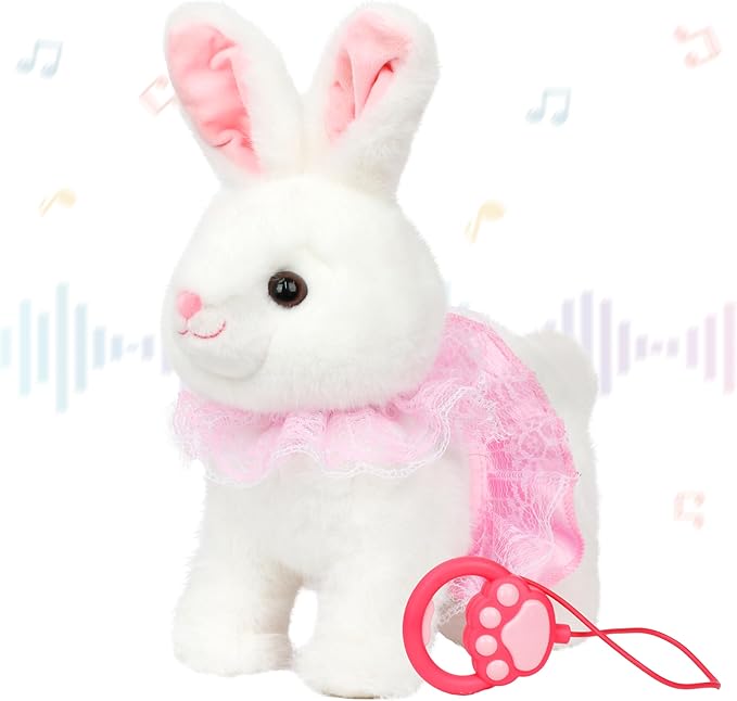 Hopearl Hopping Bunny Interactive Electronic Rabbit Toy Remote Control Leash Animated Pet Repeat What You Said Singing Gifts for Toddlers, White, 12''