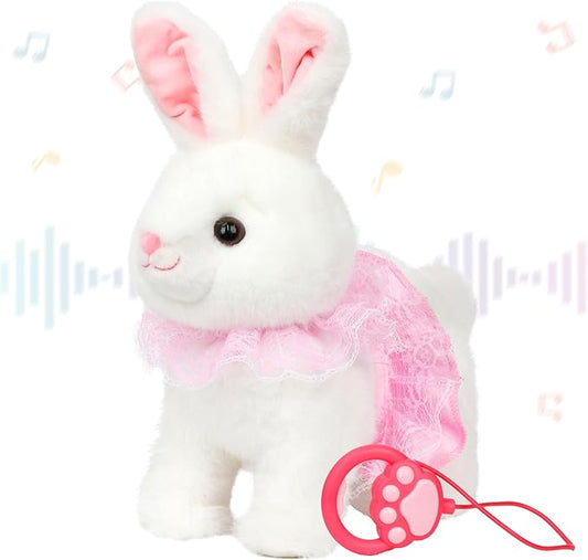 Hopearl Hopping Bunny Interactive Electronic Rabbit Toy Remote Control Leash Animated Pet Repeat What You Said Singing Gifts for Toddlers, White, 12''