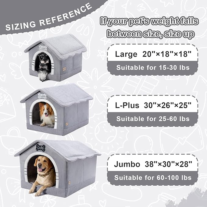 Jiupety Indoor Dog House with Frame, Large Dog Cave Bed, Insulated Cozy, Suitable for 60-100 lb, Jumbo (38"×30"×28"), Gray